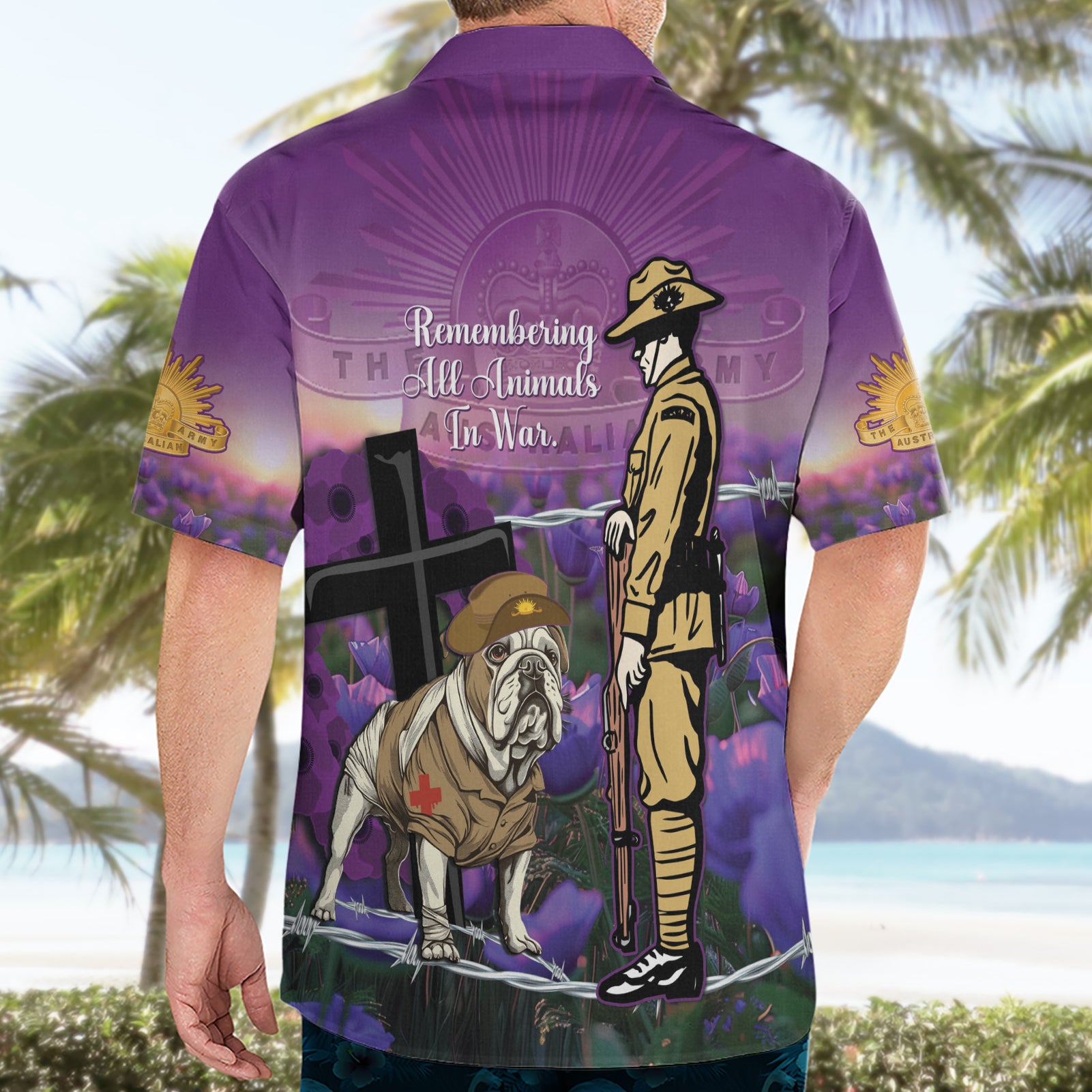 Australia Dog Heroes ANZAC Hawaiian Shirt Remembering All Animals In War Purple Poppies - Vibe Hoodie Shop