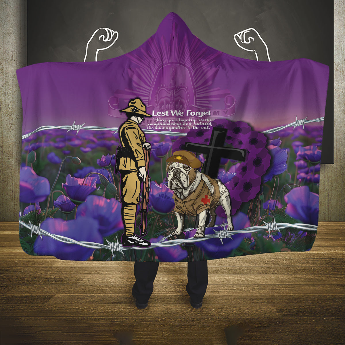 Australia Dog Heroes ANZAC Hooded Blanket Remembering All Animals In War Purple Poppies