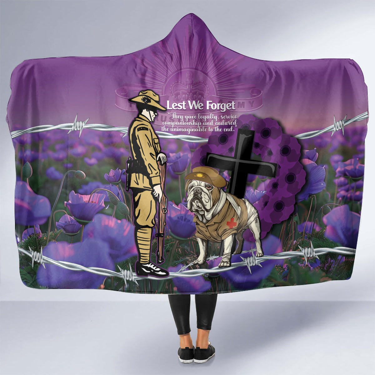 Australia Dog Heroes ANZAC Hooded Blanket Remembering All Animals In War Purple Poppies