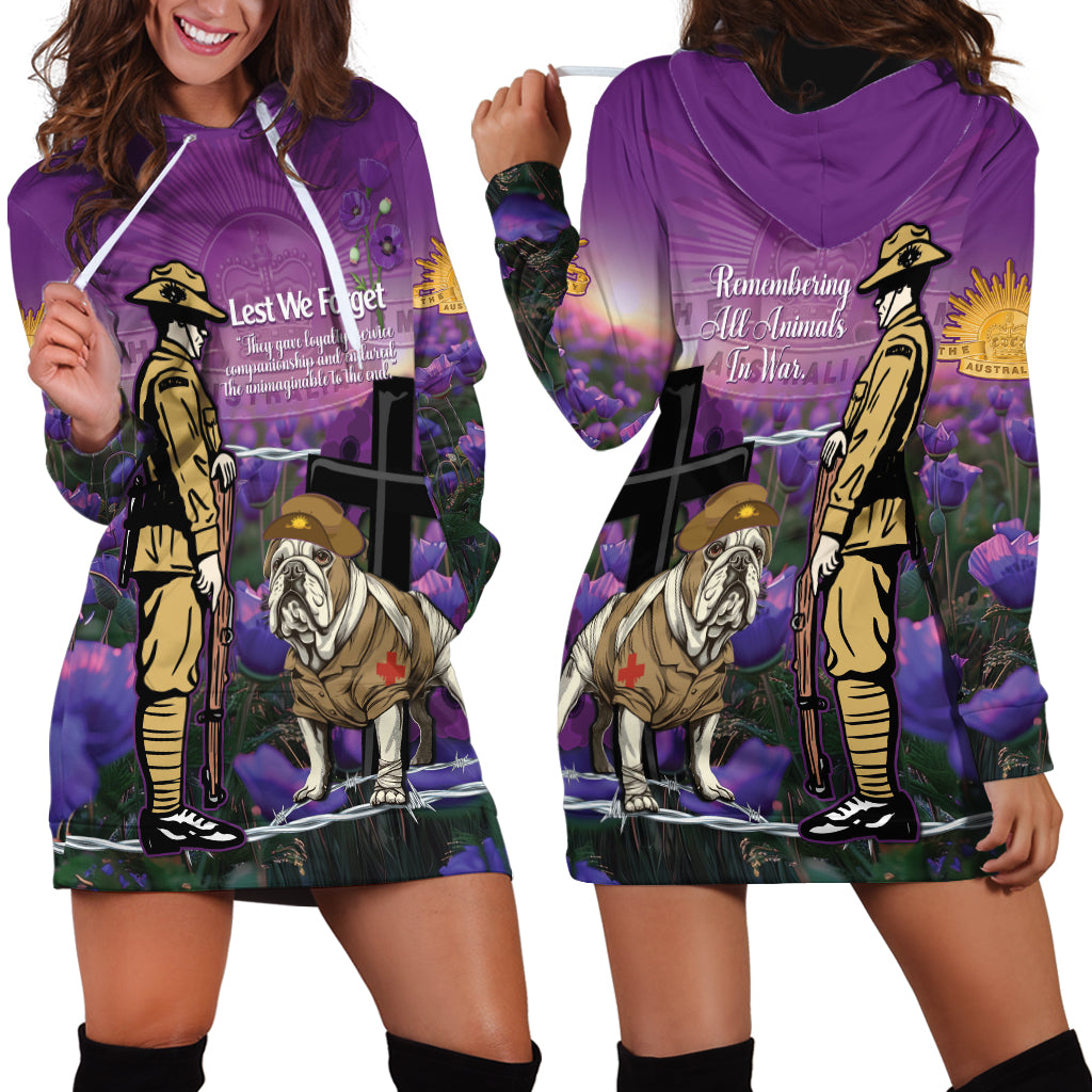 Australia Dog Heroes ANZAC Hoodie Dress Remembering All Animals In War Purple Poppies - Vibe Hoodie Shop