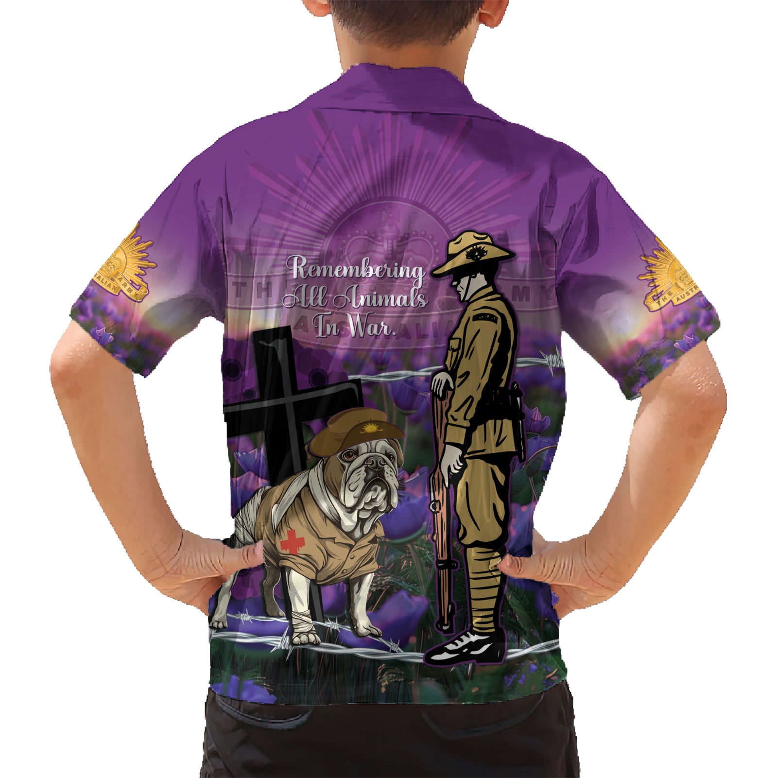 Australia Dog Heroes ANZAC Kid Hawaiian Shirt Remembering All Animals In War Purple Poppies