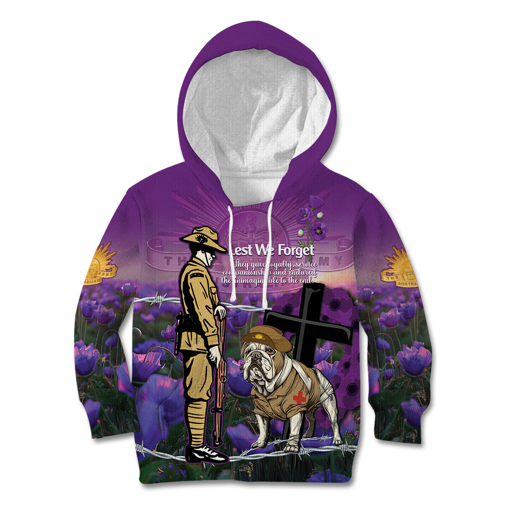 Australia Dog Heroes ANZAC Kid Hoodie Remembering All Animals In War Purple Poppies - Vibe Hoodie Shop