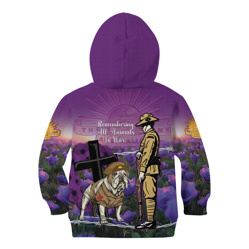 Australia Dog Heroes ANZAC Kid Hoodie Remembering All Animals In War Purple Poppies - Vibe Hoodie Shop