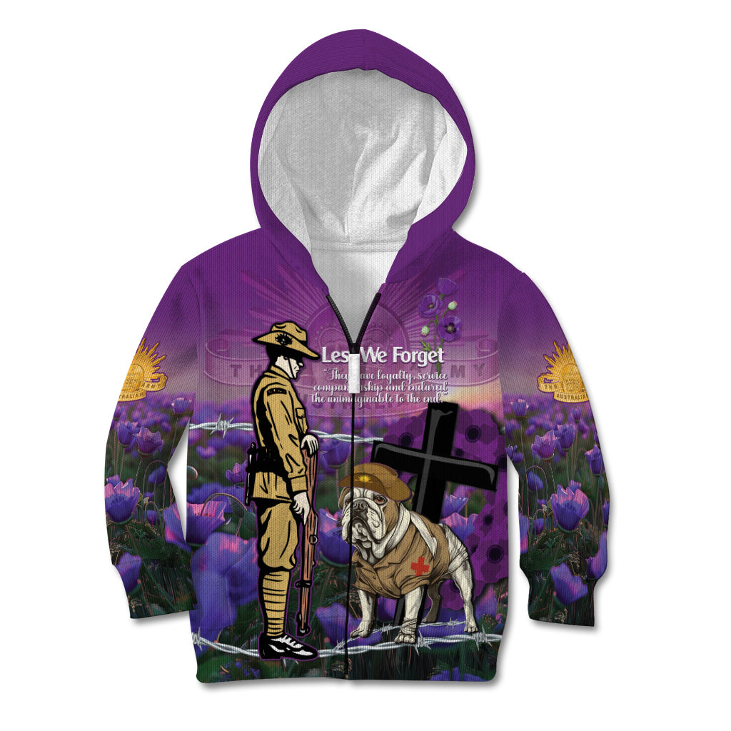 Australia Dog Heroes ANZAC Kid Hoodie Remembering All Animals In War Purple Poppies - Vibe Hoodie Shop