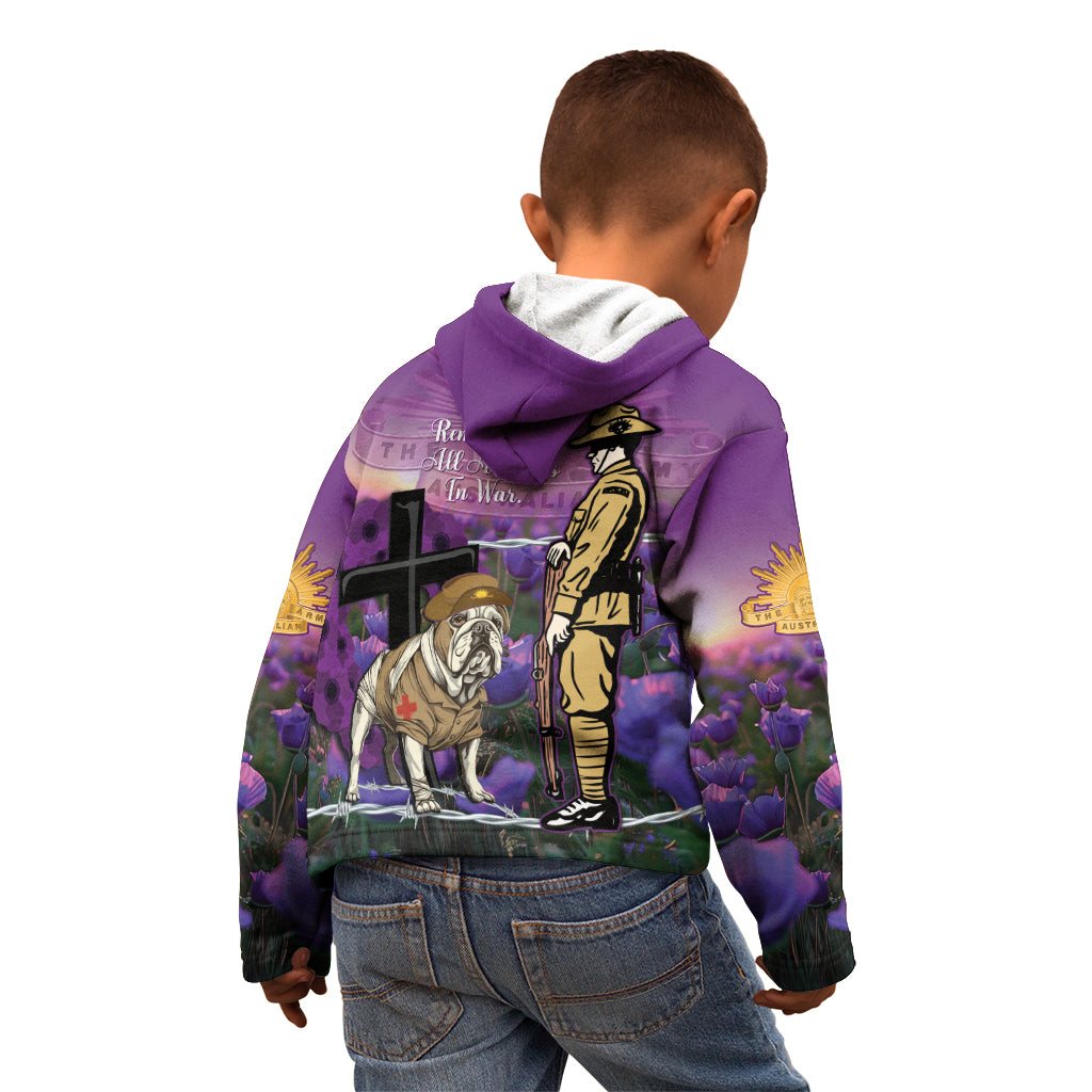 Australia Dog Heroes ANZAC Kid Hoodie Remembering All Animals In War Purple Poppies - Vibe Hoodie Shop