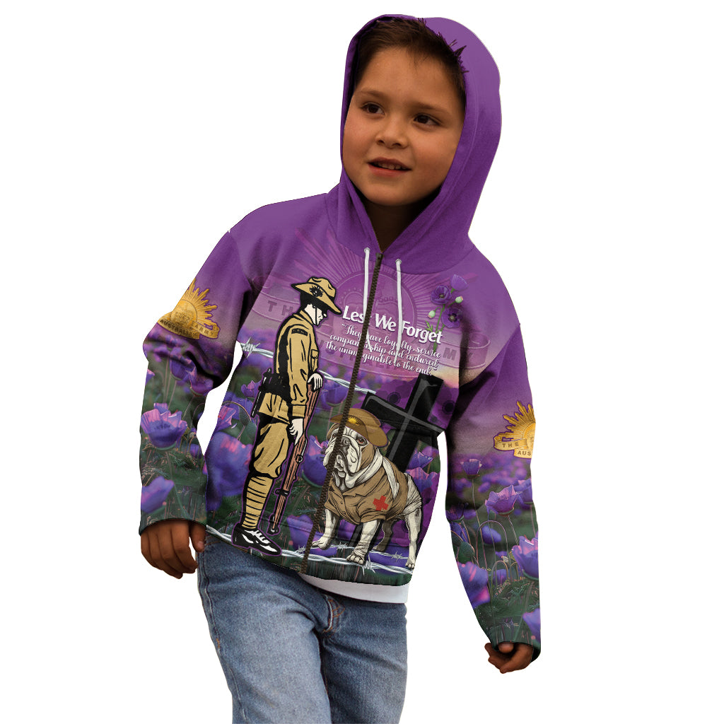 Australia Dog Heroes ANZAC Kid Hoodie Remembering All Animals In War Purple Poppies - Vibe Hoodie Shop