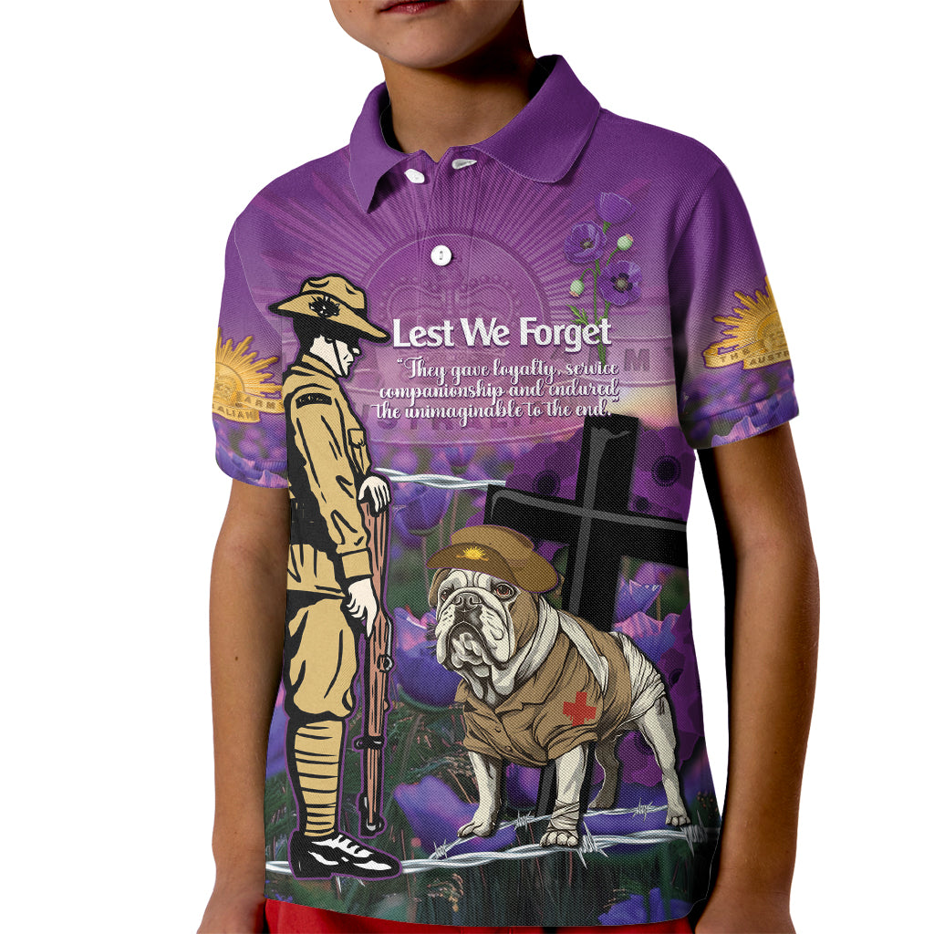 Australia Dog Heroes ANZAC Kid Polo Shirt Remembering All Animals In War Purple Poppies - Vibe Hoodie Shop