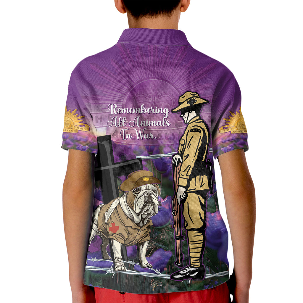 Australia Dog Heroes ANZAC Kid Polo Shirt Remembering All Animals In War Purple Poppies - Vibe Hoodie Shop