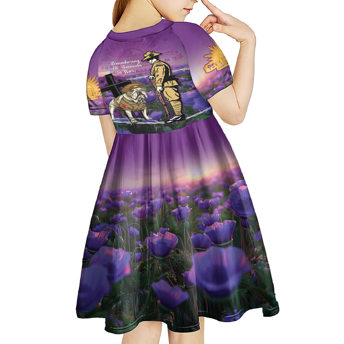 Australia Dog Heroes ANZAC Kid Short Sleeve Dress Remembering All Animals In War Purple Poppies - Vibe Hoodie Shop