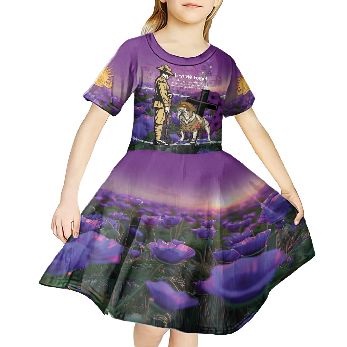 Australia Dog Heroes ANZAC Kid Short Sleeve Dress Remembering All Animals In War Purple Poppies - Vibe Hoodie Shop