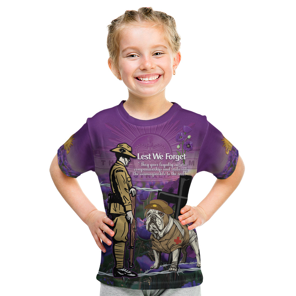 Australia Dog Heroes ANZAC Kid T Shirt Remembering All Animals In War Purple Poppies - Vibe Hoodie Shop