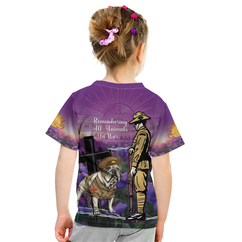 Australia Dog Heroes ANZAC Kid T Shirt Remembering All Animals In War Purple Poppies - Vibe Hoodie Shop