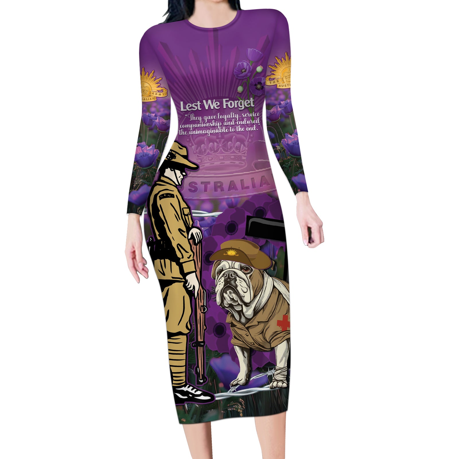 Australia Dog Heroes ANZAC Long Sleeve Bodycon Dress Remembering All Animals In War Purple Poppies