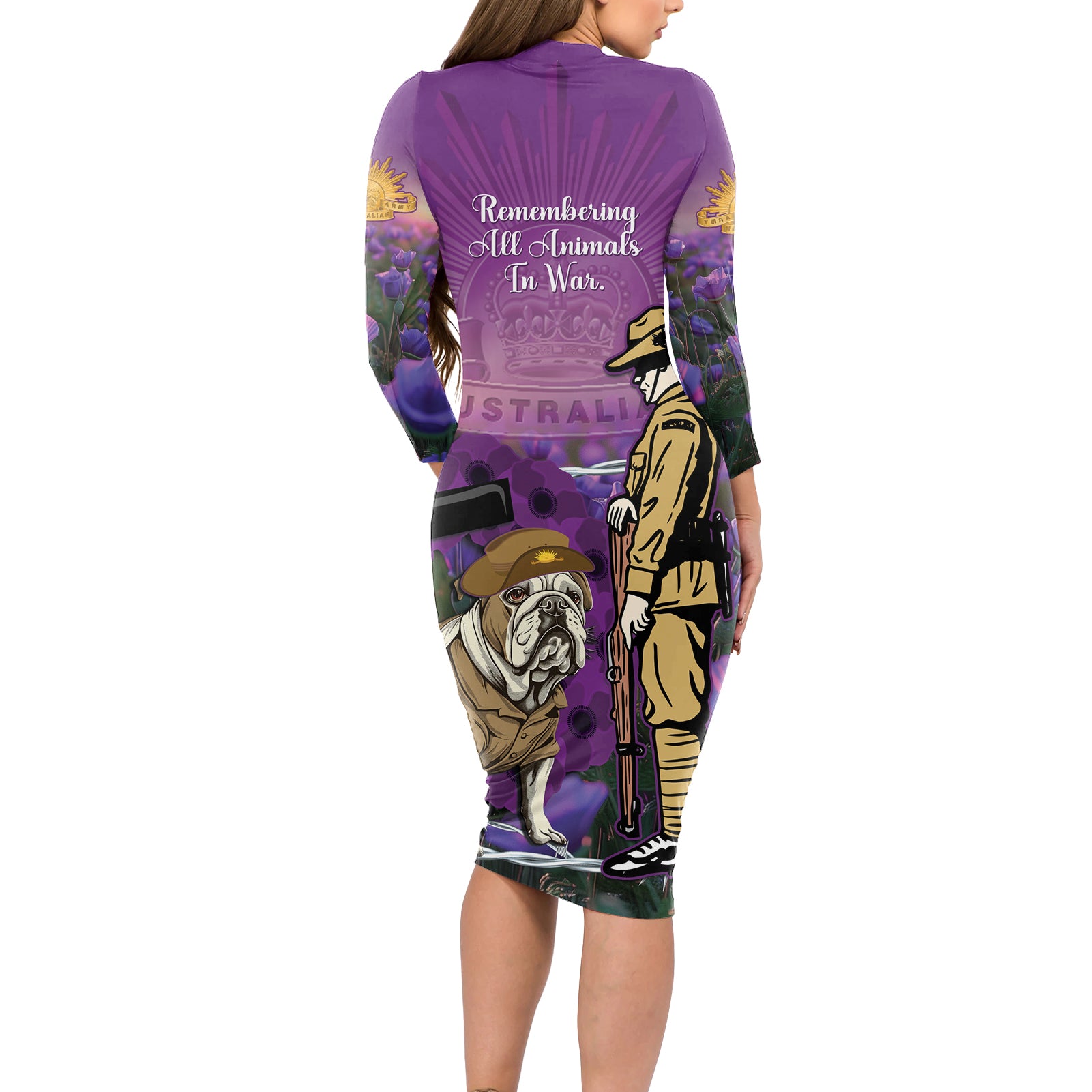 Australia Dog Heroes ANZAC Long Sleeve Bodycon Dress Remembering All Animals In War Purple Poppies