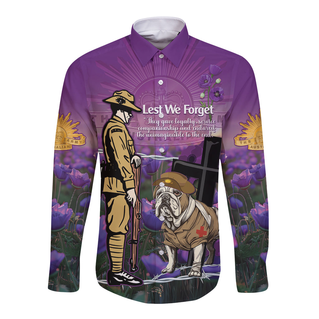 Australia Dog Heroes ANZAC Long Sleeve Button Shirt Remembering All Animals In War Purple Poppies - Vibe Hoodie Shop