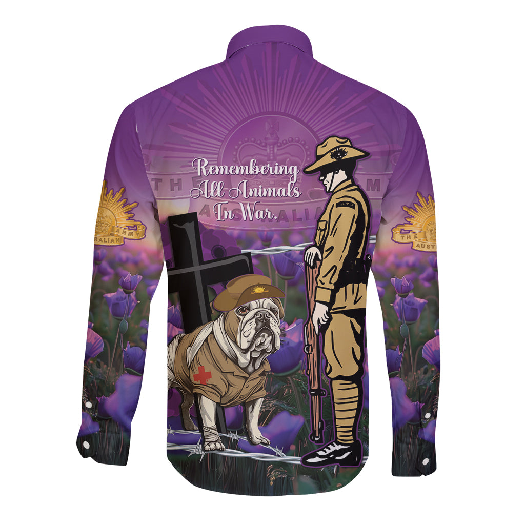 Australia Dog Heroes ANZAC Long Sleeve Button Shirt Remembering All Animals In War Purple Poppies - Vibe Hoodie Shop