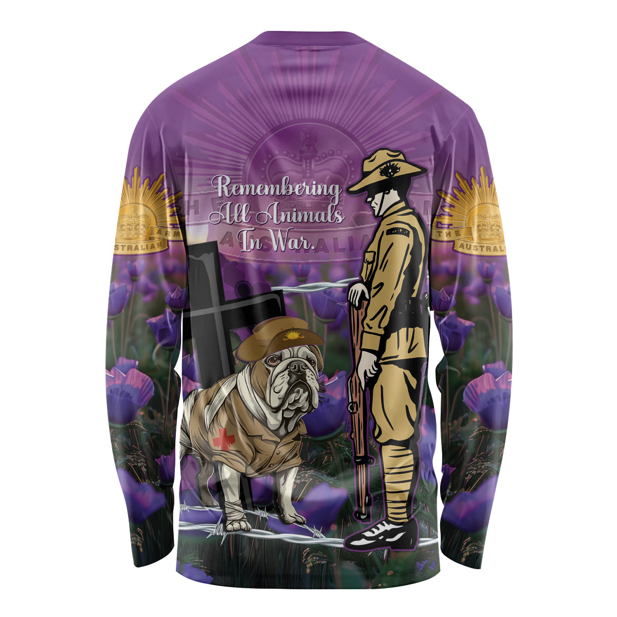 Australia Dog Heroes ANZAC Long Sleeve Shirt Remembering All Animals In War Purple Poppies - Vibe Hoodie Shop