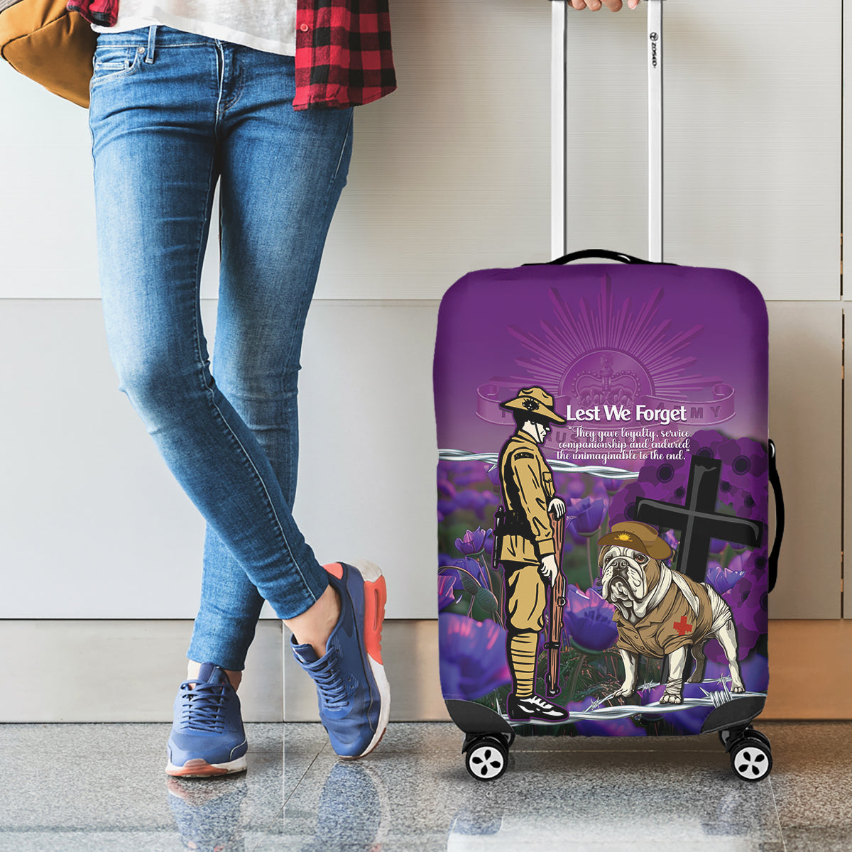 Australia Dog Heroes ANZAC Luggage Cover Remembering All Animals In War Purple Poppies - Vibe Hoodie Shop