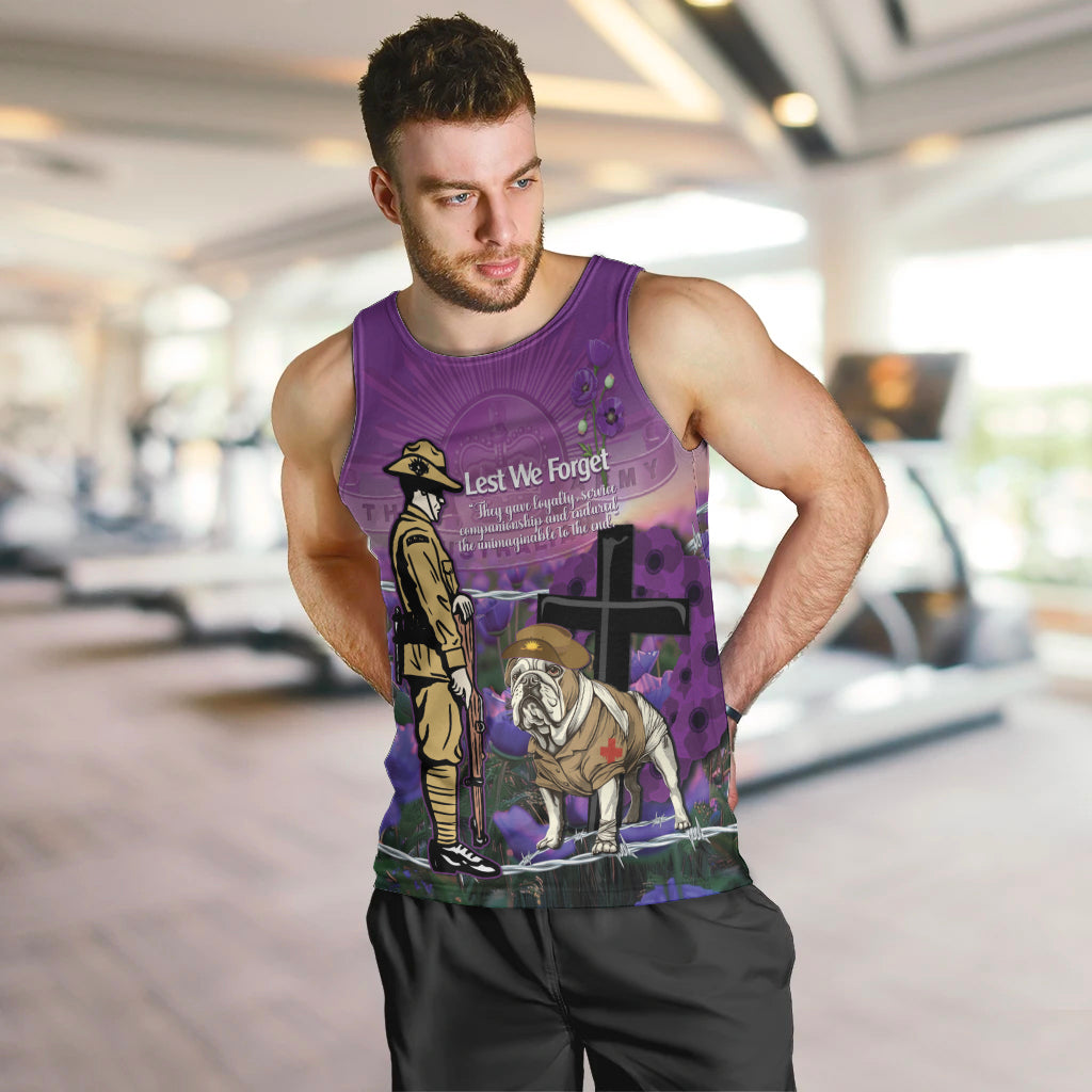 Australia Dog Heroes ANZAC Men Tank Top Remembering All Animals In War Purple Poppies - Vibe Hoodie Shop