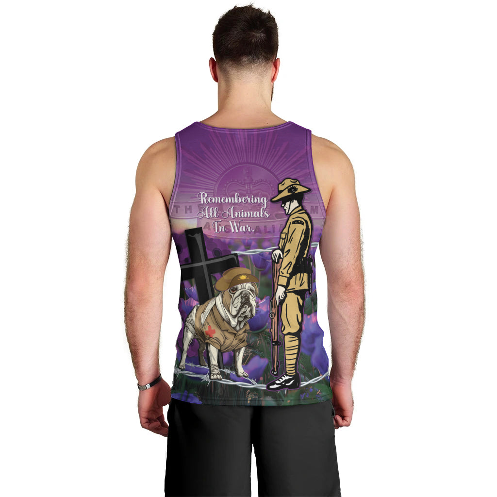 Australia Dog Heroes ANZAC Men Tank Top Remembering All Animals In War Purple Poppies - Vibe Hoodie Shop
