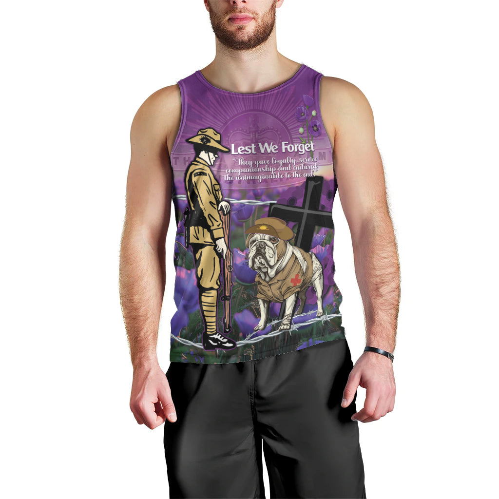 Australia Dog Heroes ANZAC Men Tank Top Remembering All Animals In War Purple Poppies - Vibe Hoodie Shop