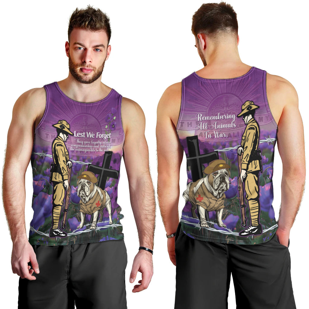 Australia Dog Heroes ANZAC Men Tank Top Remembering All Animals In War Purple Poppies - Vibe Hoodie Shop