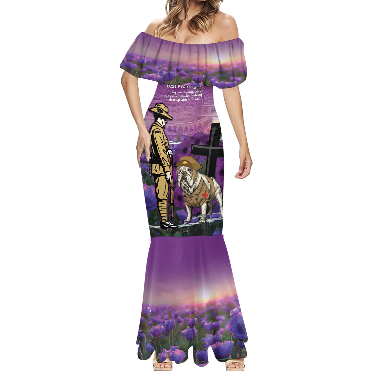 Australia Dog Heroes ANZAC Mermaid Dress Remembering All Animals In War Purple Poppies