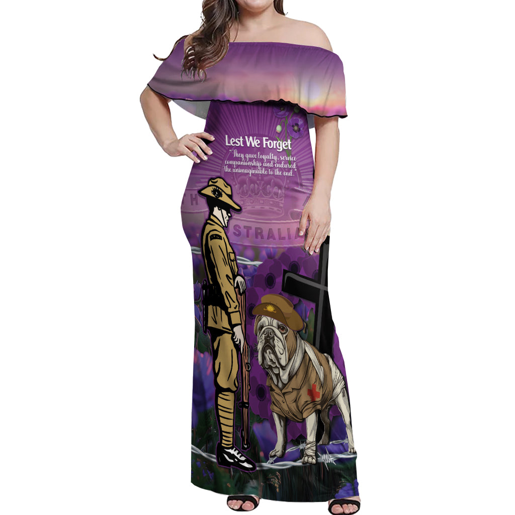 Australia Dog Heroes ANZAC Off Shoulder Maxi Dress Remembering All Animals In War Purple Poppies