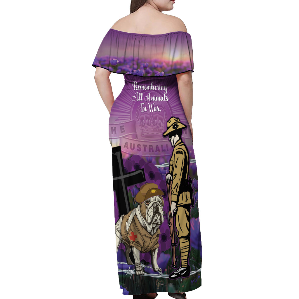 Australia Dog Heroes ANZAC Off Shoulder Maxi Dress Remembering All Animals In War Purple Poppies