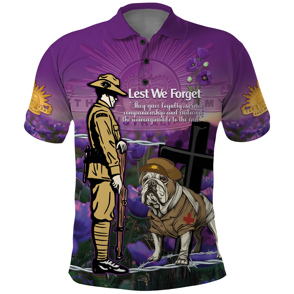 Australia Dog Heroes ANZAC Polo Shirt Remembering All Animals In War Purple Poppies - Vibe Hoodie Shop