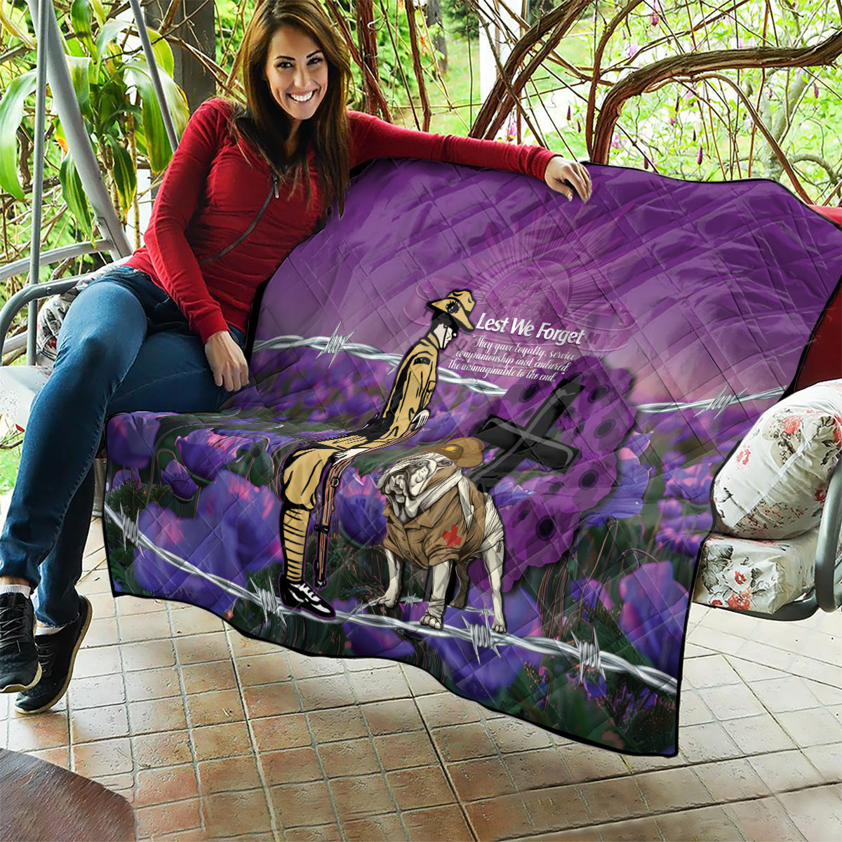 Australia Dog Heroes ANZAC Quilt Remembering All Animals In War Purple Poppies - Vibe Hoodie Shop