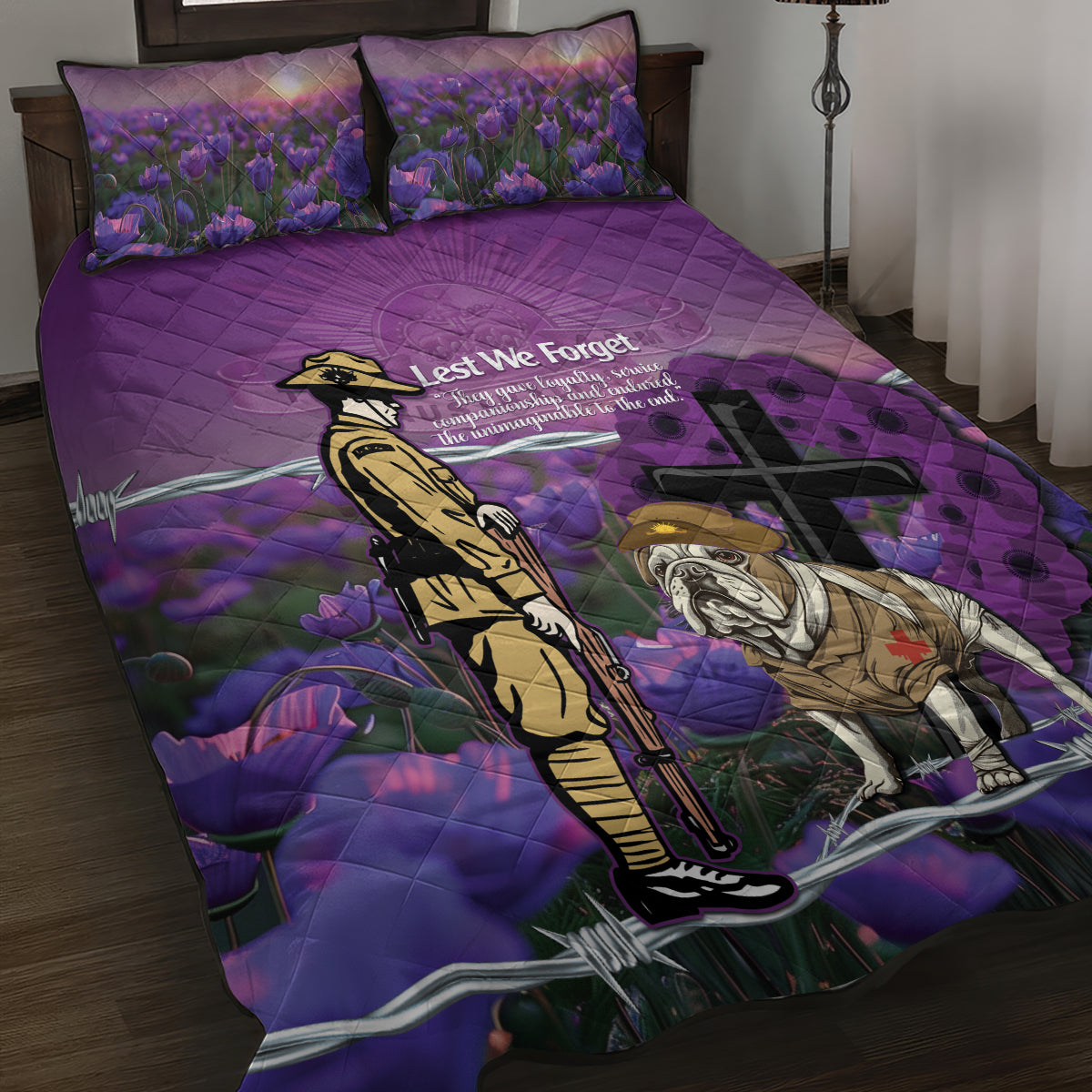 Australia Dog Heroes ANZAC Quilt Bed Set Remembering All Animals In War Purple Poppies - Vibe Hoodie Shop