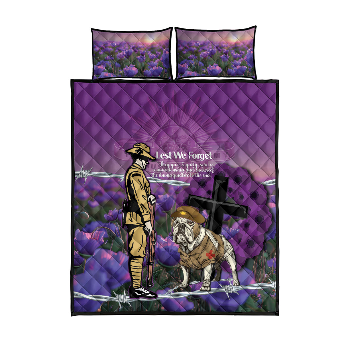 Australia Dog Heroes ANZAC Quilt Bed Set Remembering All Animals In War Purple Poppies - Vibe Hoodie Shop