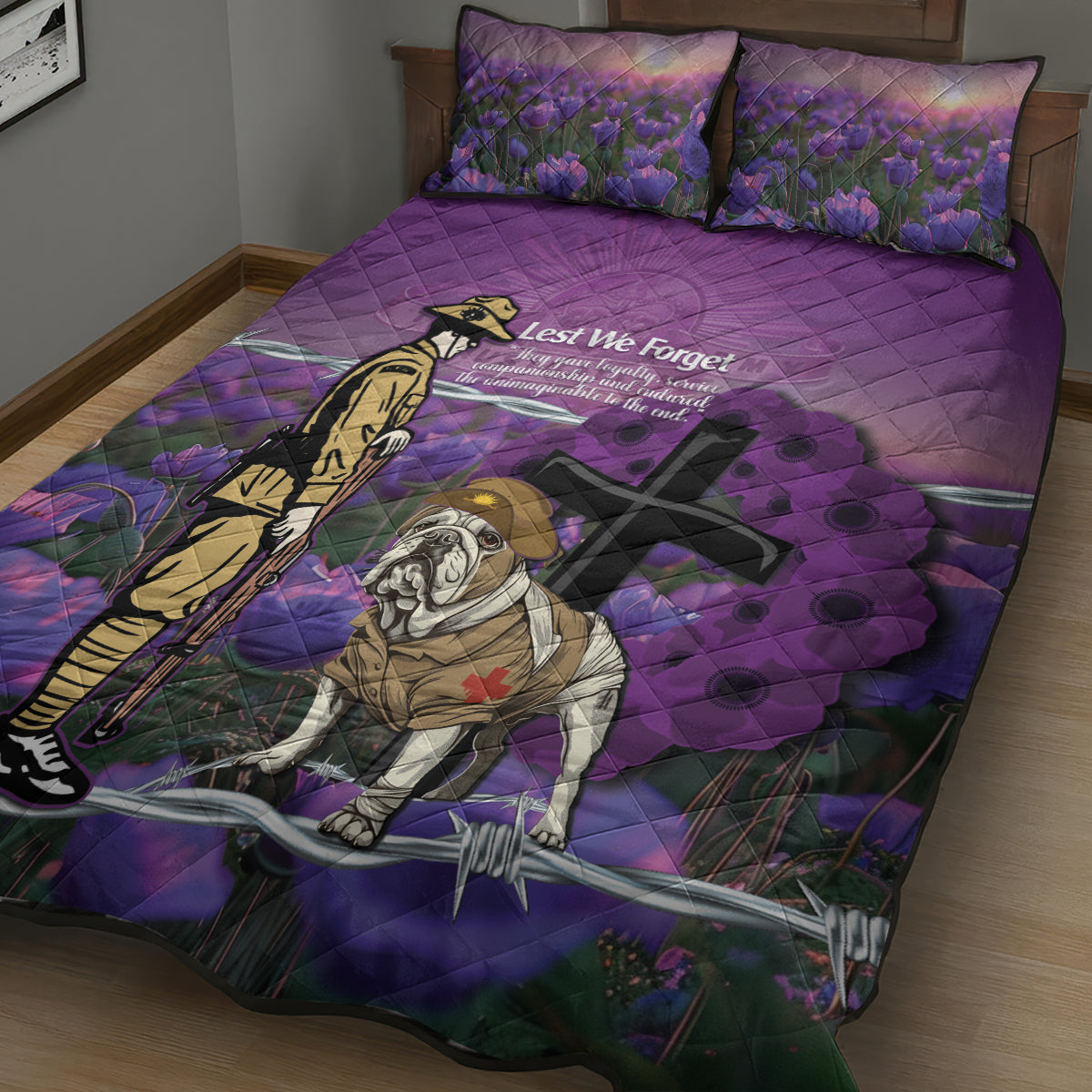 Australia Dog Heroes ANZAC Quilt Bed Set Remembering All Animals In War Purple Poppies - Vibe Hoodie Shop