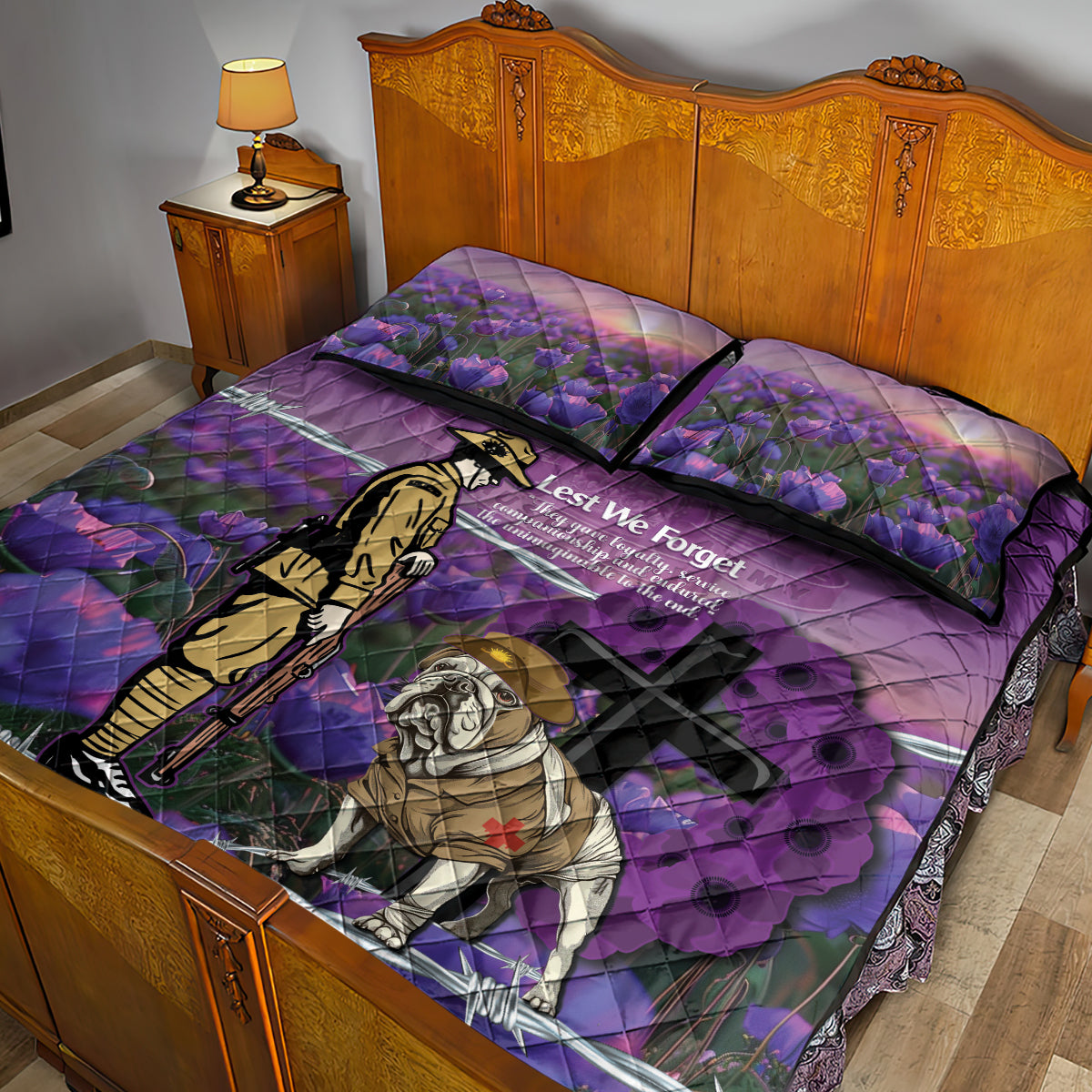 Australia Dog Heroes ANZAC Quilt Bed Set Remembering All Animals In War Purple Poppies - Vibe Hoodie Shop
