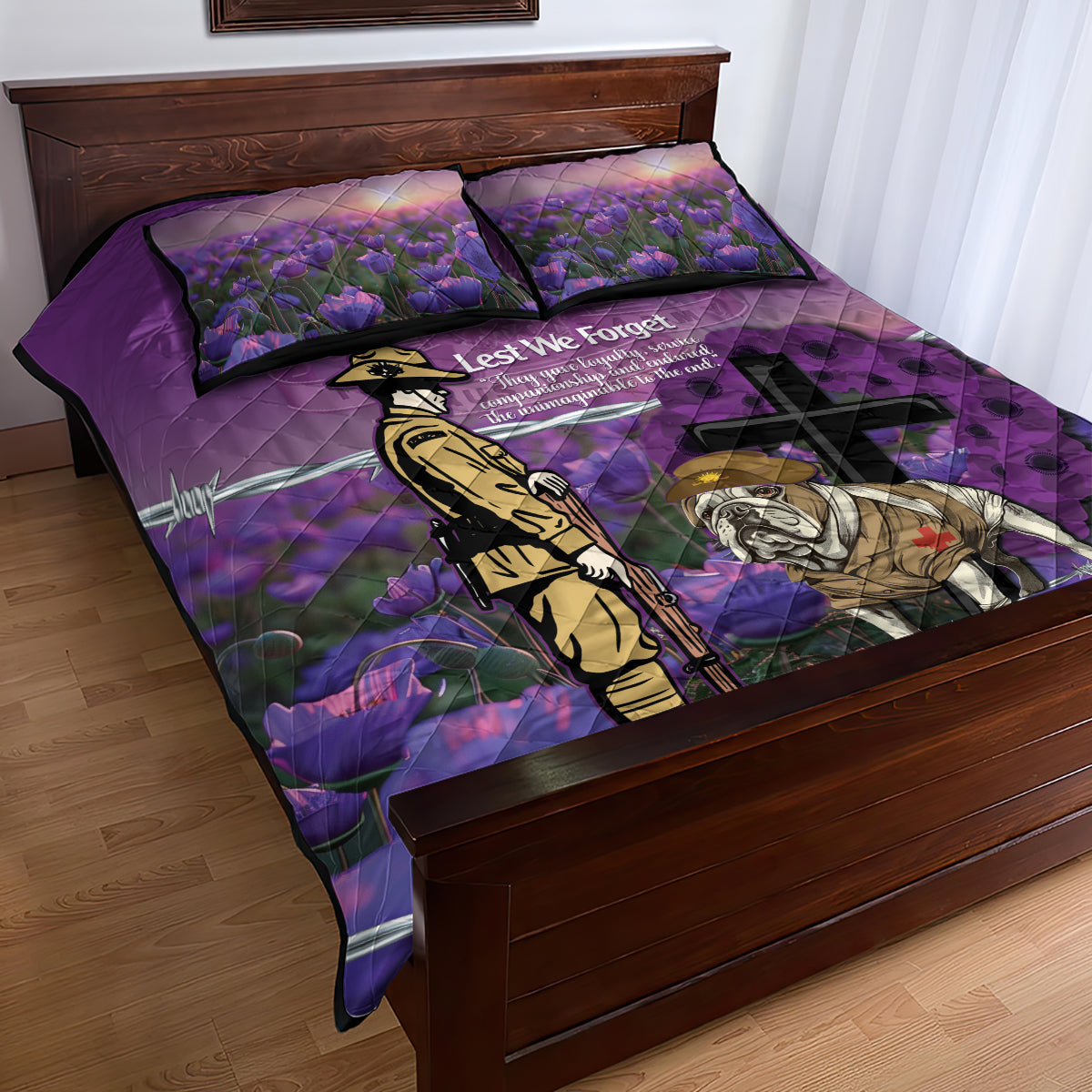 Australia Dog Heroes ANZAC Quilt Bed Set Remembering All Animals In War Purple Poppies - Vibe Hoodie Shop