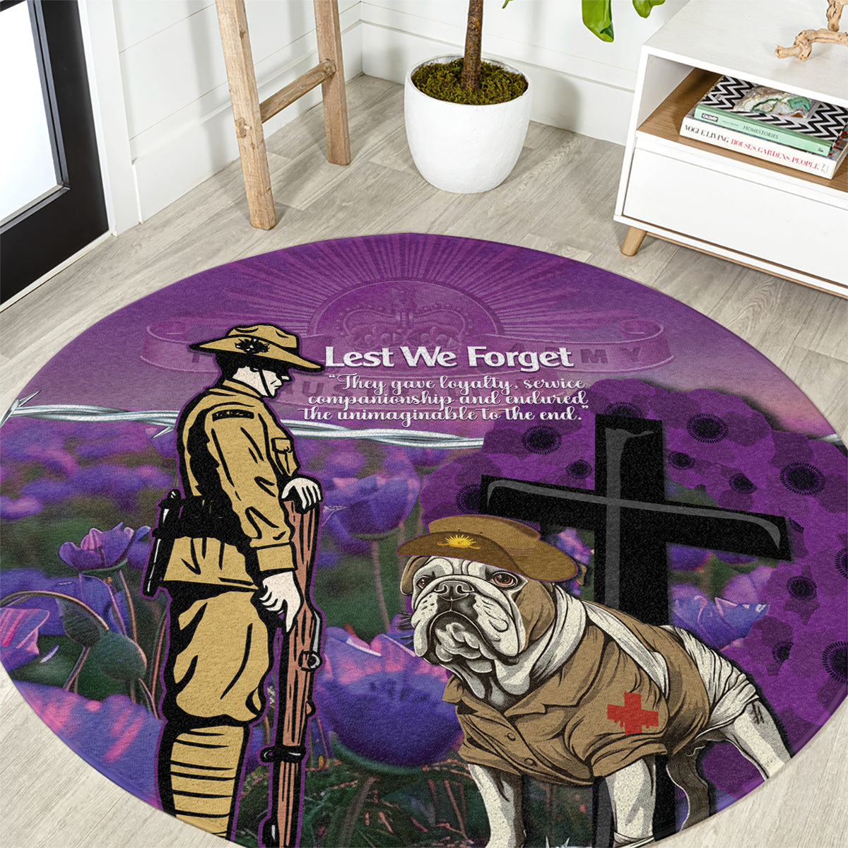 Australia Dog Heroes ANZAC Round Carpet Remembering All Animals In War Purple Poppies