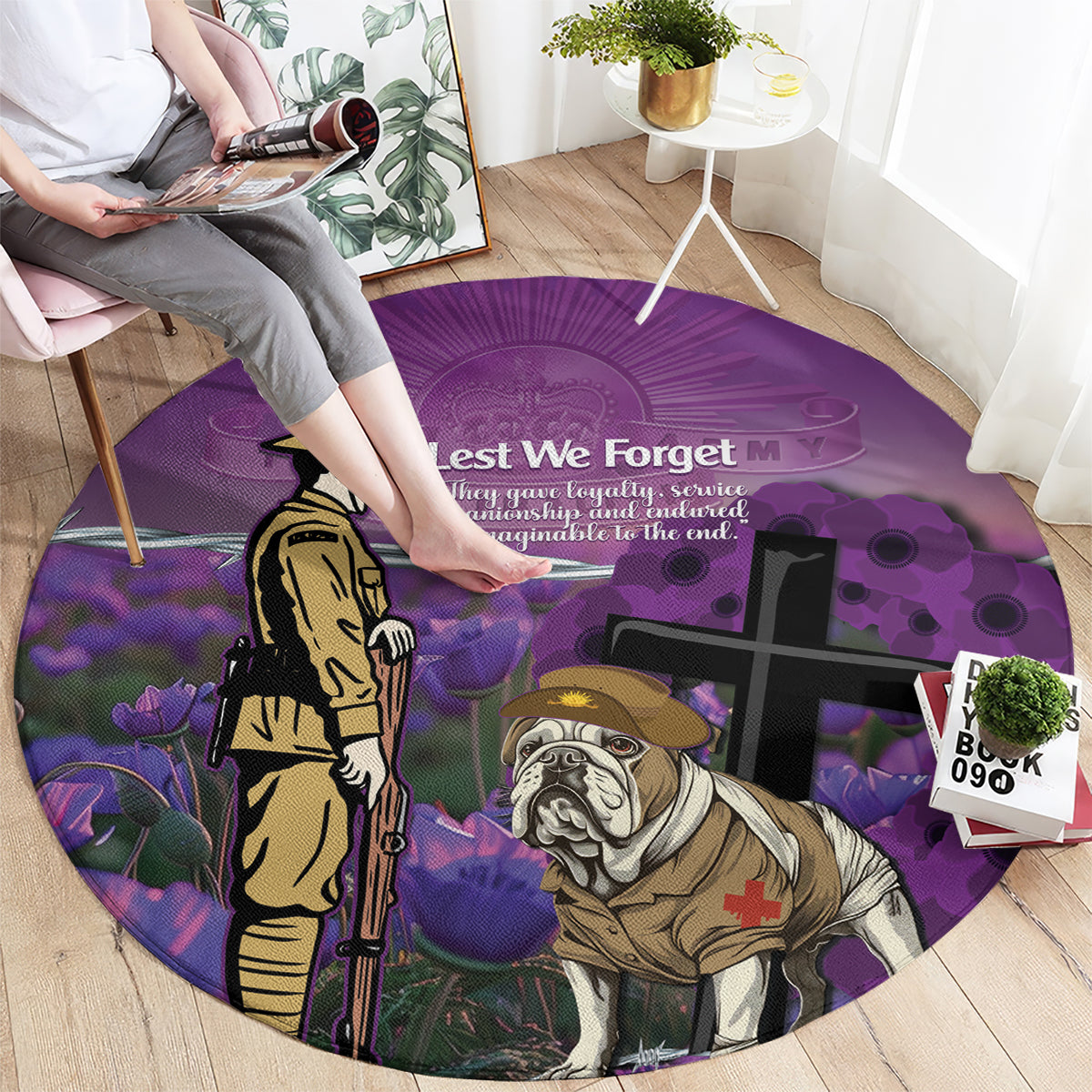 Australia Dog Heroes ANZAC Round Carpet Remembering All Animals In War Purple Poppies