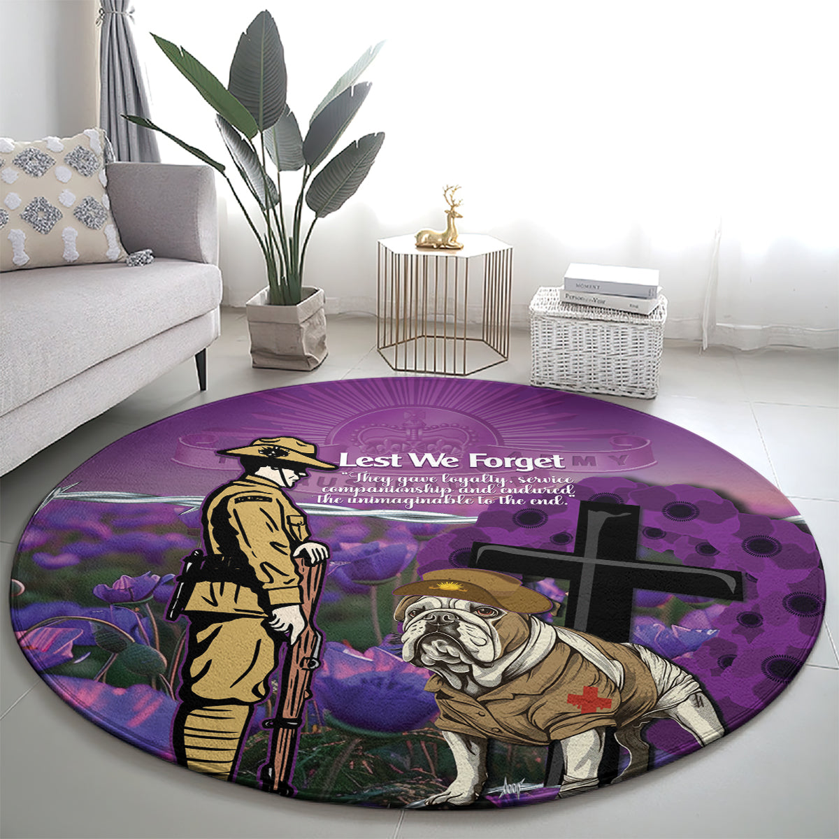 Australia Dog Heroes ANZAC Round Carpet Remembering All Animals In War Purple Poppies