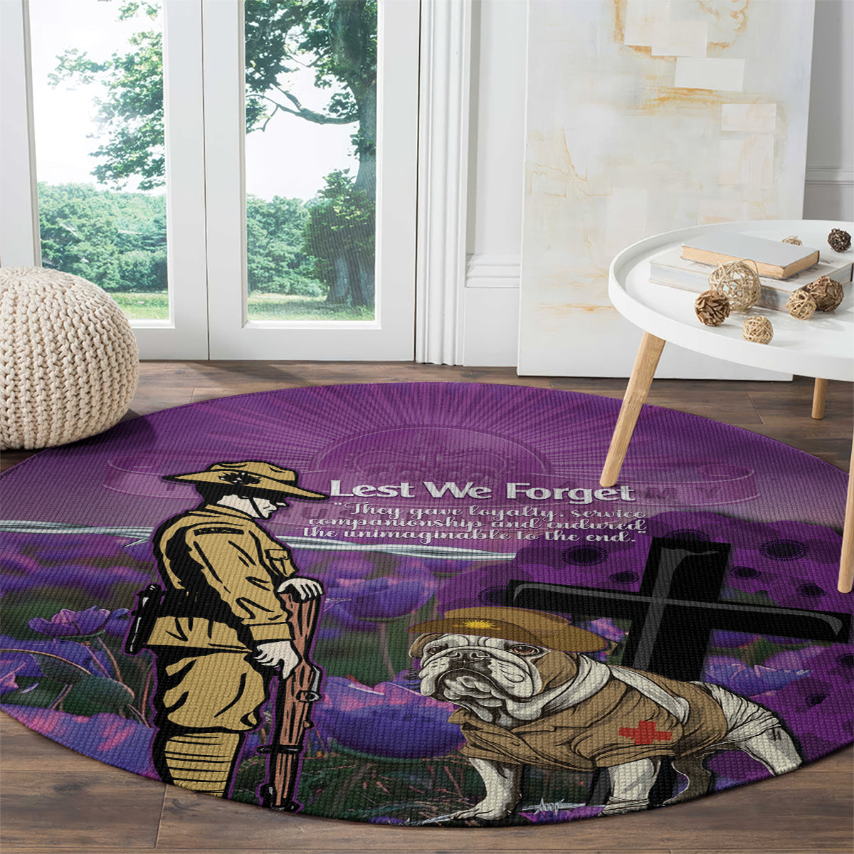 Australia Dog Heroes ANZAC Round Carpet Remembering All Animals In War Purple Poppies