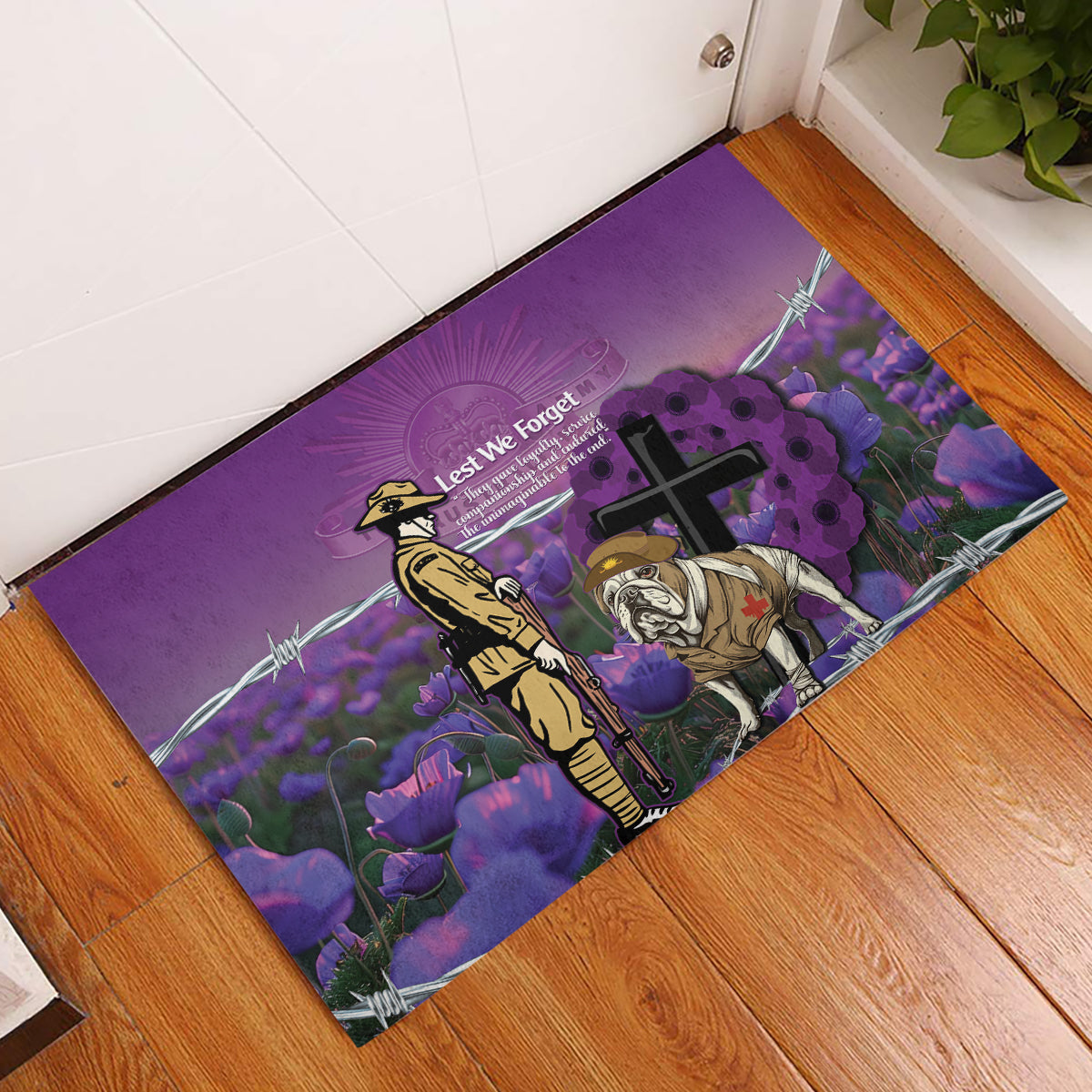 Australia Dog Heroes ANZAC Rubber Doormat Remembering All Animals In War Purple Poppies