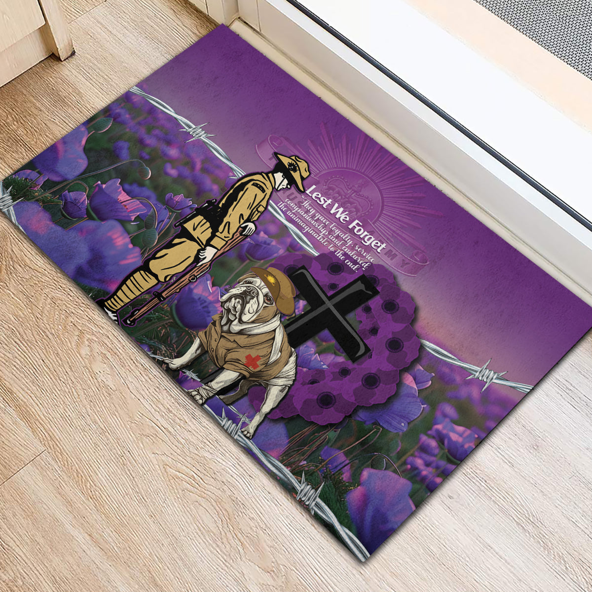 Australia Dog Heroes ANZAC Rubber Doormat Remembering All Animals In War Purple Poppies