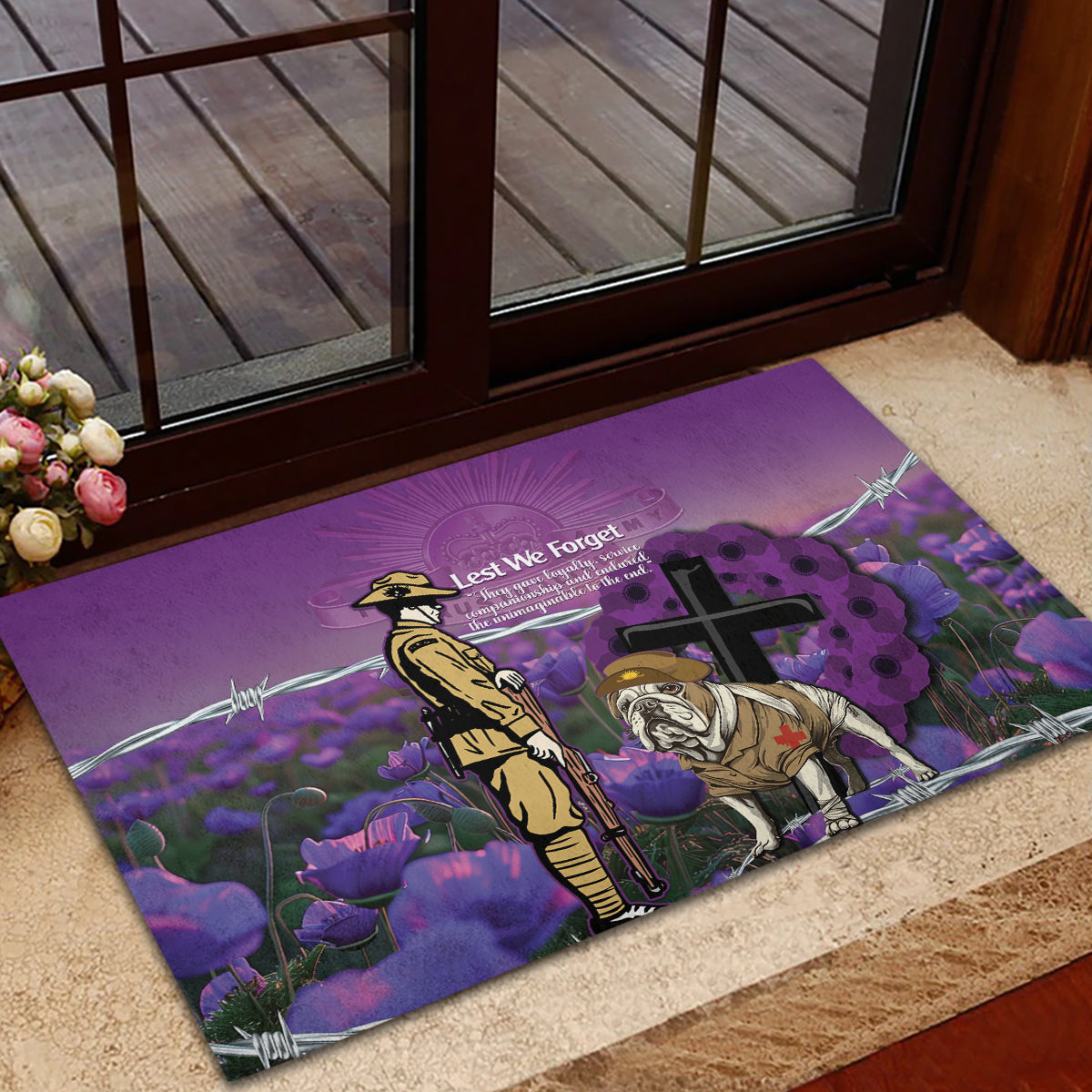 Australia Dog Heroes ANZAC Rubber Doormat Remembering All Animals In War Purple Poppies