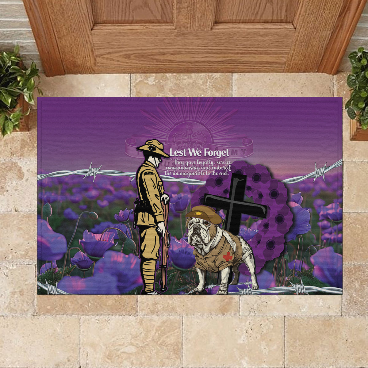 Australia Dog Heroes ANZAC Rubber Doormat Remembering All Animals In War Purple Poppies