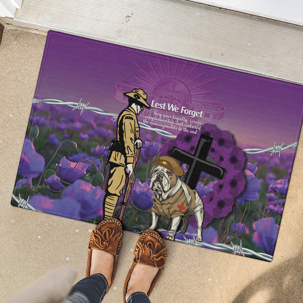 Australia Dog Heroes ANZAC Rubber Doormat Remembering All Animals In War Purple Poppies