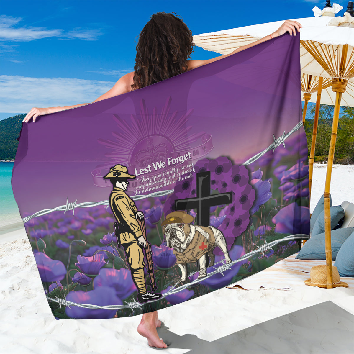 Australia Dog Heroes ANZAC Sarong Remembering All Animals In War Purple Poppies - Vibe Hoodie Shop