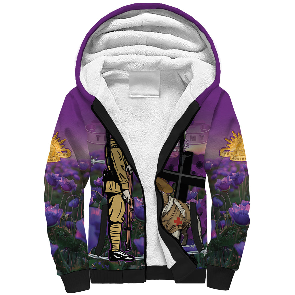 Australia Dog Heroes ANZAC Sherpa Hoodie Remembering All Animals In War Purple Poppies - Vibe Hoodie Shop
