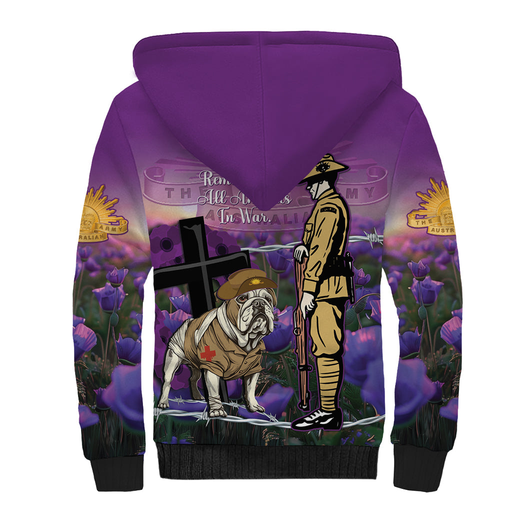 Australia Dog Heroes ANZAC Sherpa Hoodie Remembering All Animals In War Purple Poppies - Vibe Hoodie Shop