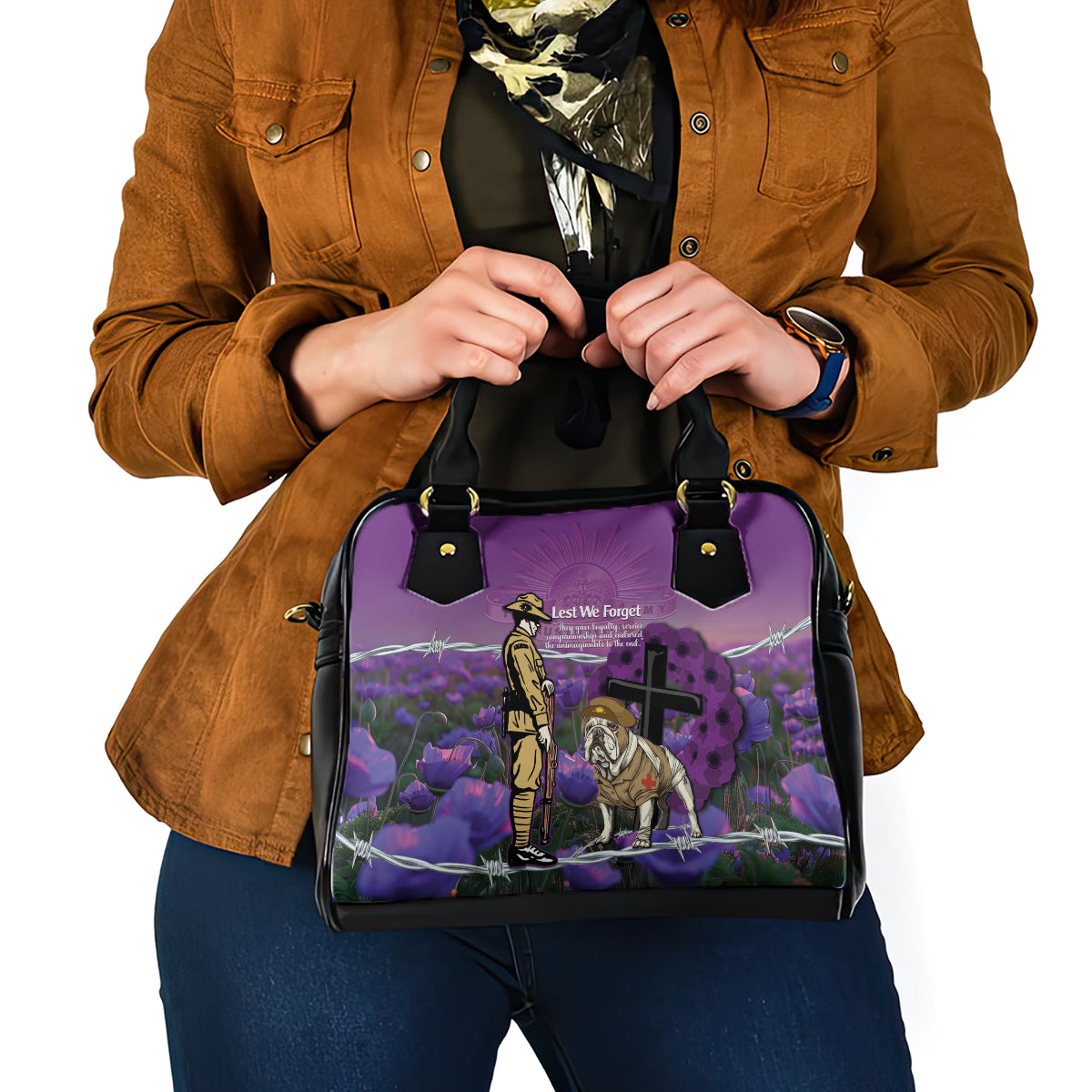 Australia Dog Heroes ANZAC Shoulder Handbag Remembering All Animals In War Purple Poppies - Vibe Hoodie Shop