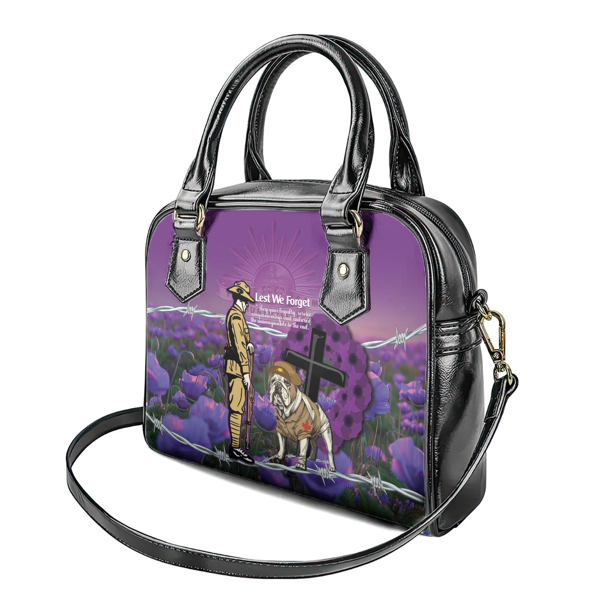 Australia Dog Heroes ANZAC Shoulder Handbag Remembering All Animals In War Purple Poppies - Vibe Hoodie Shop